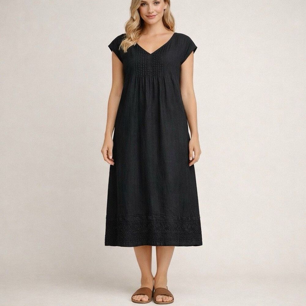 J Jill Dress Large Black Linen Midi Shift Minimalist Pleated Capsule Resort